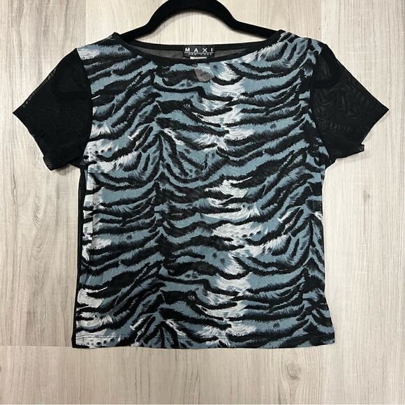 Maxi New York sheer mesh black blue tiger print top sz M NWOT vintage deadstock - Picture 7 of 10